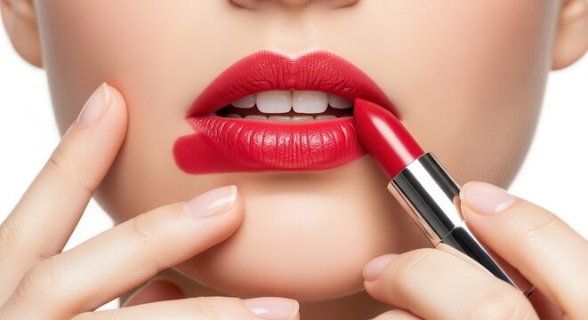 Applying Crimson Lipstick Close-Up of Perfect Red Lips & Flawless Skin for Makeup Tutorial or Beauty Product Promotion