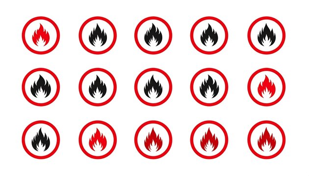 A grid of fifteen circular warning signs featuring stylized flame icons, black and red, signaling flammability
