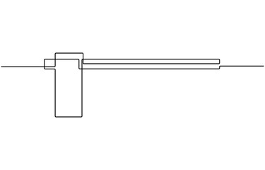 Self drawing animation of single one line draw railway barrier with signs and warning lights.