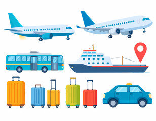 vector icon set, airplane, bus, ship, car, location pin, and luggage