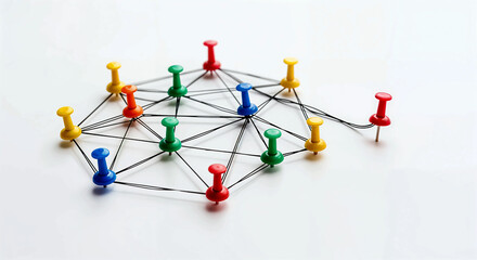 Colorful Push Pins Connected by Black Strings on White Surface for Network, Communication, and Data Structure Visual
