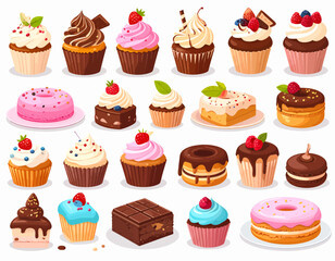 Dessert vector set includes cupcakes, donuts, ice cream, pudding, macaroons and chocolate.