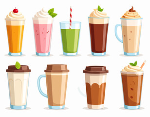 drink vector set including coffee cups, tea, juice glasses, smoothies and milkshakes