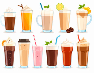 drink vector set including coffee cups, tea, juice glasses, smoothies and milkshakes