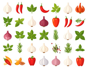 vector set of icons of spices and herbs such as chili, garlic, onion, rosemary