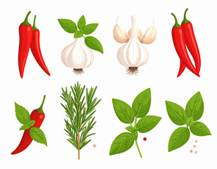 vector set of icons of spices and herbs such as chili, garlic, onion, rosemary