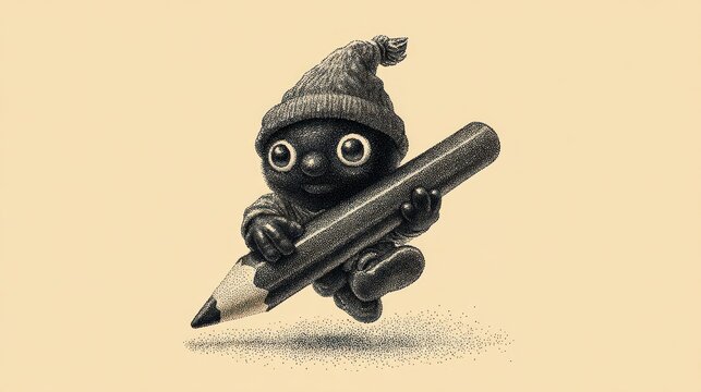 Whimsical Stippled Creature in Beanie Jumps with Oversized Pencil, Artful Dotwork Illustration