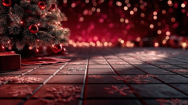 Close - Up Red Christmas Tree with Ornaments and Snowflakes on Tiles