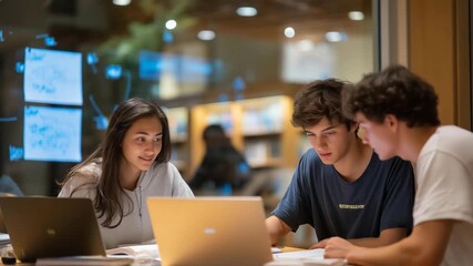 A group of students collaborates on a project in a library study room, with laptops open, a whiteboard sketching diagrams, snacks hidden, and bookshelves visible through glass, depicted in a - Powered by Adobe