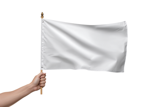 Hand holding a blank white flag waving on black background ideal for branding mockups presentations advertisements or demonstration of surrender