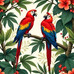 Two colorful red and yellow macaws sitting on a tree branch