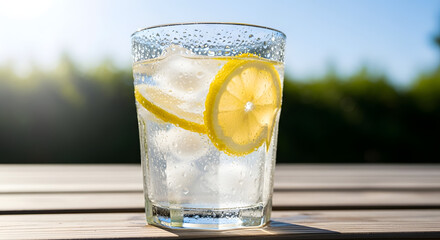 Refreshing glass of ice water with lemon slices on a wooden table outdoors in sunlight