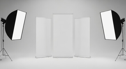 Blank roller banners and studio lighting in a modern minimalist space create professional presentation options for marketing and promotional material