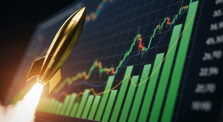 Golden rocket launching upward in front of financial chart with rising bar graph, representing growth, success, and upward trend, for finance concepts