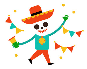 Mexican Festival Vector Pack, Dance, Music, and Skeleton Illustration with Traditional Decorations isolated on white background