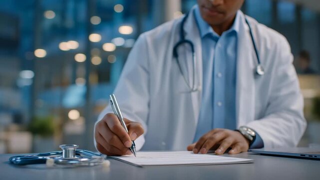 Close-up of physician&rsquo;s hand holding pen while writing on medical chart surrounded by diagnostic tools, symbolizing clinical accuracy, professional care, and healthcare record-keeping in hospital