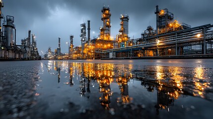 Massive industrial oil refinery at dusk, brilliantly illuminated with golden lights reflecting in wet pavement under a moody, cinematic sky.