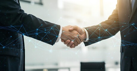 Two businessmen shake hands, symbolizing a strong partnership and collaboration. A vibrant blue digital network overlays the image, representing global communication, data exchange, modern technology