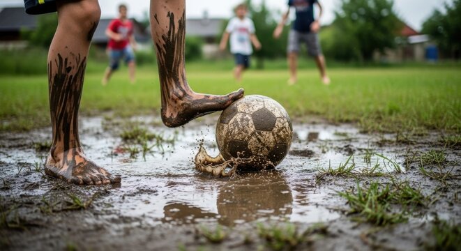 Child playing soccer in mud with bare feet, enjoying outdoor activity