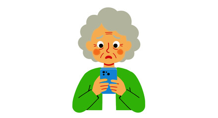 Cute Vector Illustration of Confused Grandma Using Smartphone &ndash; Adorable Cartoon Character Isolated on White Background