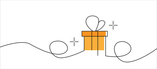 Single Line Art Colorful Present Box Isolated on White. Gifts and presents for birthday or a holiday vector art, New Year celebration