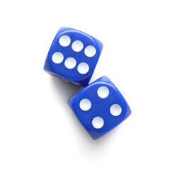 Blue game dices on white background