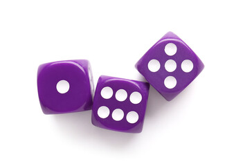 Purple game dices on white background