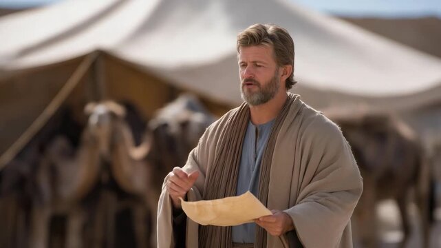 A man, his cloak dusty, preaches to a crowd in a desert, his hands gesturing wildly. A leather scroll lies open, its parchment creased. Camels stand nearby, their fur matted. A tent flaps, its