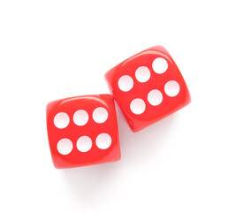 Red game dices on white background