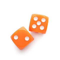 Orange game dices on white background