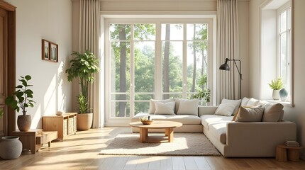 Bask in the serenity of a bright, airy living room with nature views, perfect for a modern home design or peaceful lifestyle concept, creating a sense of calm and sophisticated comfort