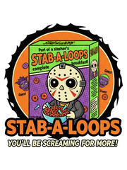 Horror movie themed cereal box cartoon with a scary figure enjoying breakfast, perfect for Halloween or spooky themed designs and promotions.