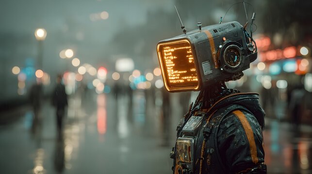 Futuristic humanoid robot stands in a rainy, neon-lit city street at night, its screen face displaying code as city lights blur in the background.