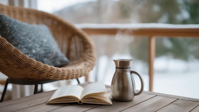 A snowy porch, its wooden planks weathered, holds items from an adult son and his old senior father: a metal thermos, its cap dented, steaming faintly, and a paper book, its pages creased, left