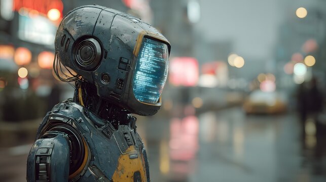 Futuristic humanoid robot stands in a rainy, neon-lit city street at night, its screen face displaying code as city lights blur in the background.