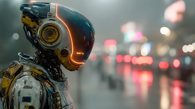 Futuristic humanoid robot stands in a rainy, neon-lit city street at night, its screen face displaying code as city lights blur in the background.