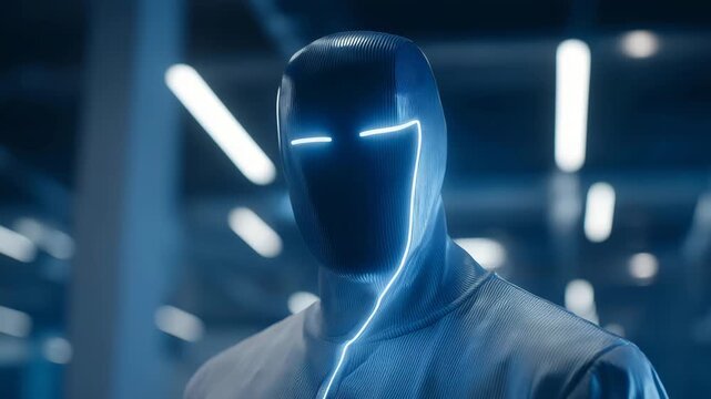 Abstract faceless mannequin illuminated by glowing neon lights in a futuristic setting, symbolizing anonymous identity, digital detachment, mystery of human representation, loss of recognition, and