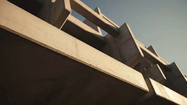 Cinematic Low-Angle Pan Across a Sunlit Brutalist Building's Abstract Concrete Facade