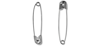 two silver safety pins isolated on white background close-up