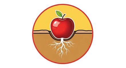 Illustration of red apple with roots growing in soil for agriculture and gardening tips guide
