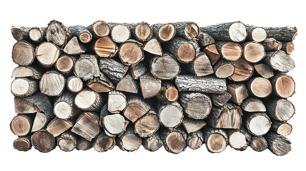 Stacks of cut firewood stacked together on a transparent background