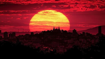 Fiery sunset over a silhouetted city skyline with temple on a hill