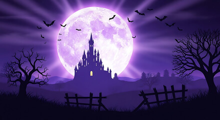 Fototapeta premium Spooky castle with bats flying in front of a full moon night