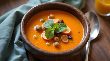 Vibrant Chilled Orange Vegetable Soup or Gazpacho, Garnished with Fresh Berries, Green Peas, and Mint, Served in Rustic Bowl on Wooden Table for Healthy Gourmet Meal