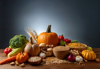 Various vegetables and grains organized neatly on a wooden table as part of a Thanksgiving celebration theme