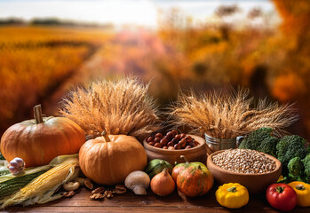 Various vegetables and grains organized neatly on a wooden table as part of a Thanksgiving celebration theme