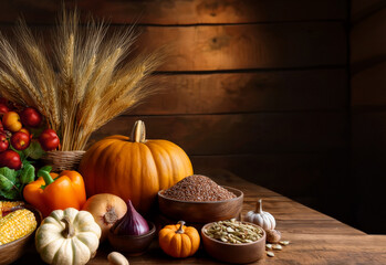 Various vegetables and grains organized neatly on a wooden table as part of a Thanksgiving celebration theme