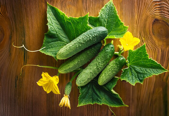 Fresh cucumbers grow among vibrant green leaves