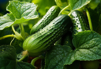 Fresh cucumbers grow among vibrant green leaves