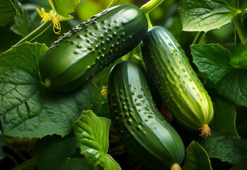 Fresh cucumbers grow among vibrant green leaves